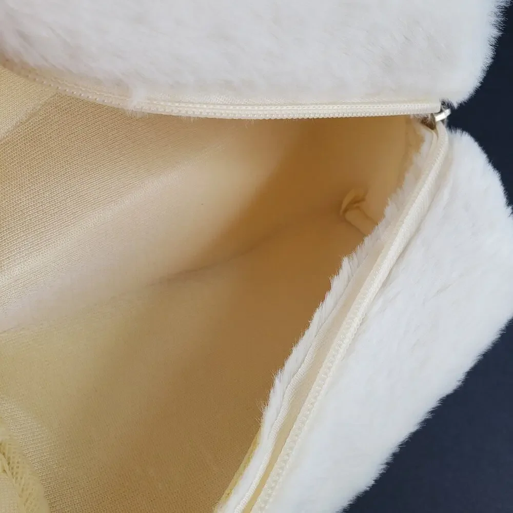 White Faux Fur Cosmetic Makeup Bag Pouch Furry Soft Sided with Zipper Closure